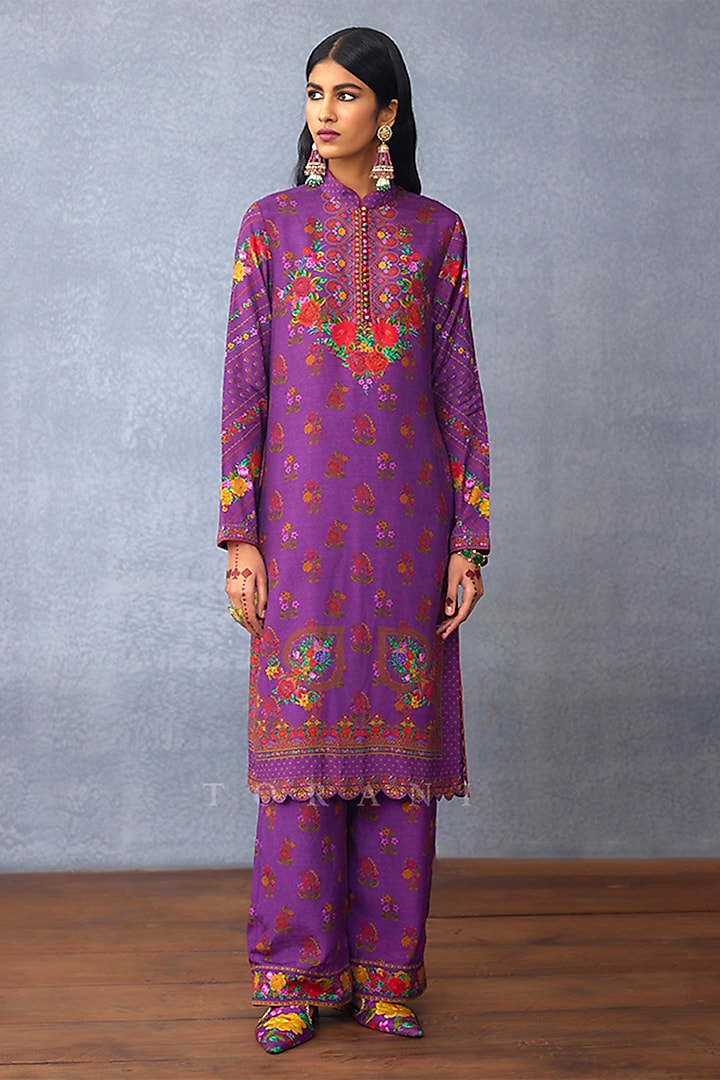 Purple Silk Slub Digital Printed Kurta Set by TORANI at Pernia's Pop Up Shop