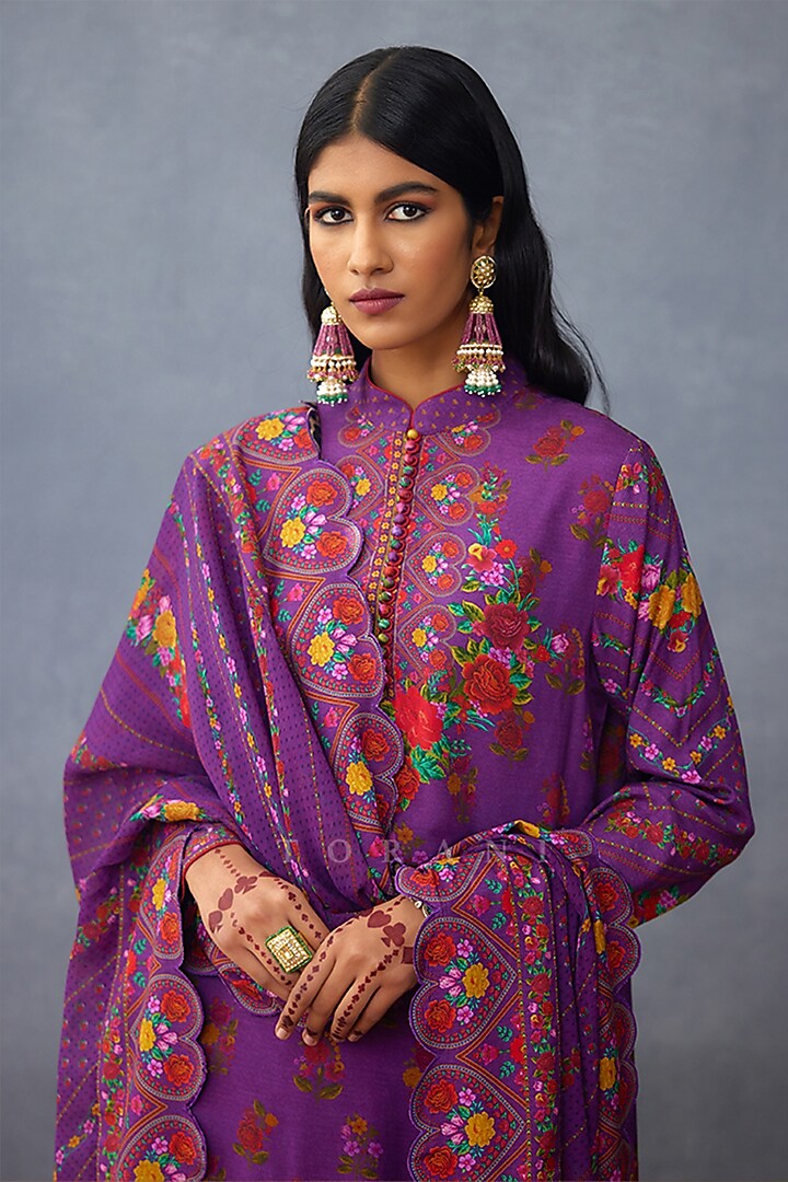 Purple Silk Slub Digital Printed Kurta Set by TORANI at Pernia's Pop Up Shop
