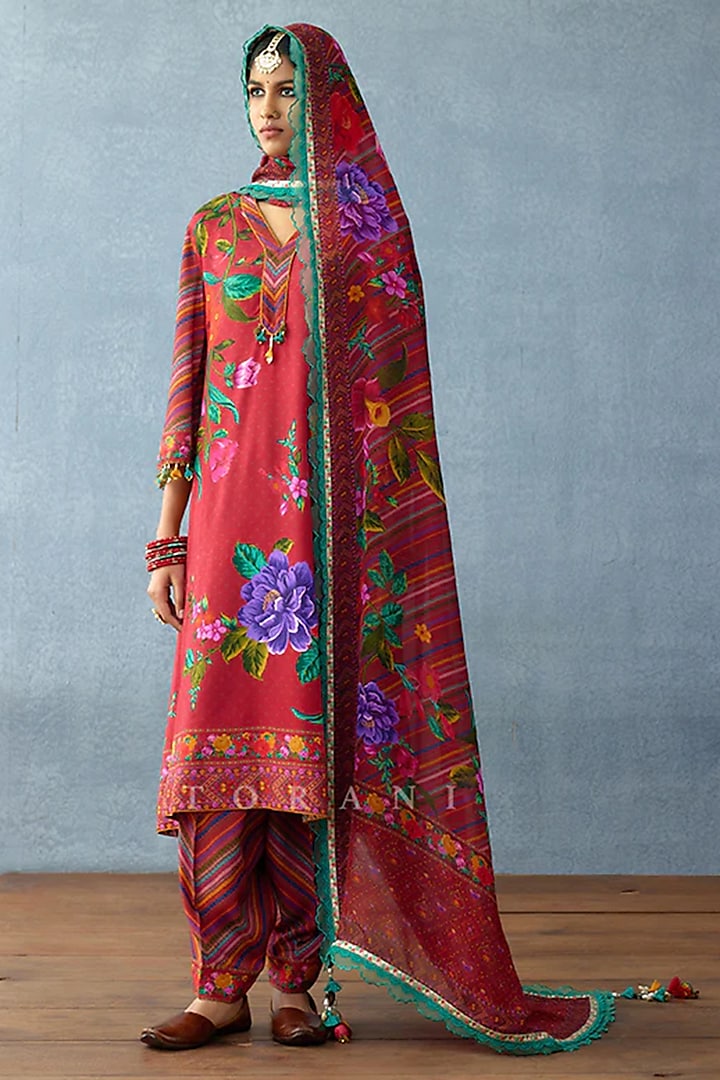 Red Cotton Silk & Silk Slub Embellished Kurta Set by TORANI at Pernia's Pop Up Shop