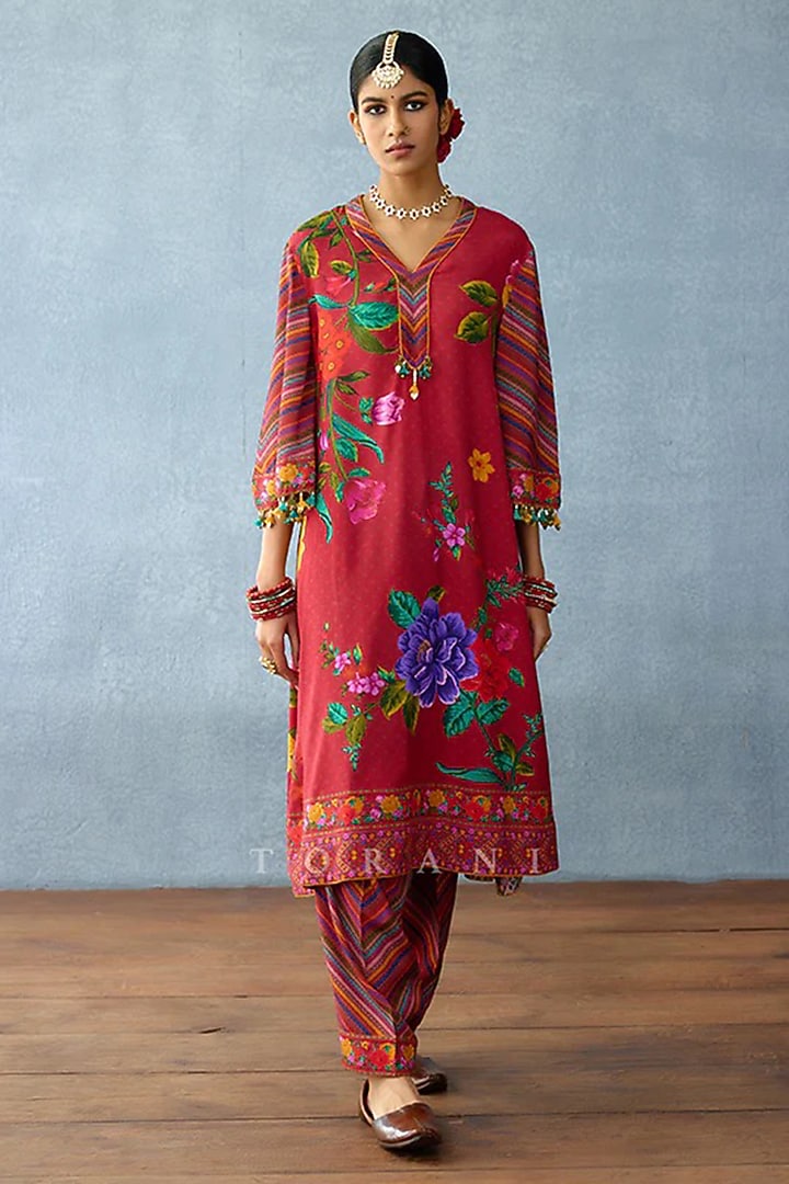 Red Cotton Silk & Silk Slub Embellished Kurta Set by TORANI at Pernia's Pop Up Shop
