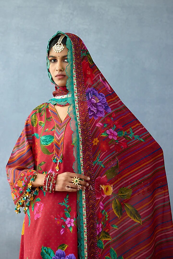 Red Cotton Silk & Silk Slub Embellished Kurta Set by TORANI at Pernia's Pop Up Shop