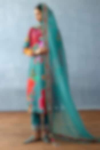 Aqua Blue Cotton Silk Printed & Embellished Kurta Set by TORANI at Pernia's Pop Up Shop