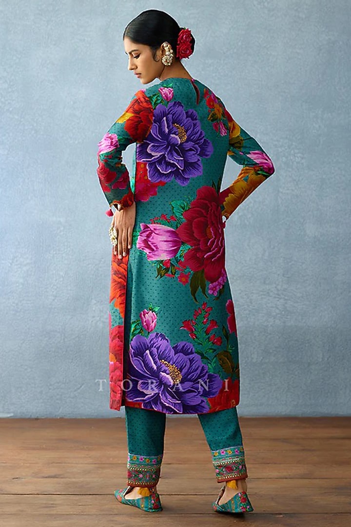 Aqua Blue Cotton Silk Printed & Embellished Kurta Set by TORANI at Pernia's Pop Up Shop