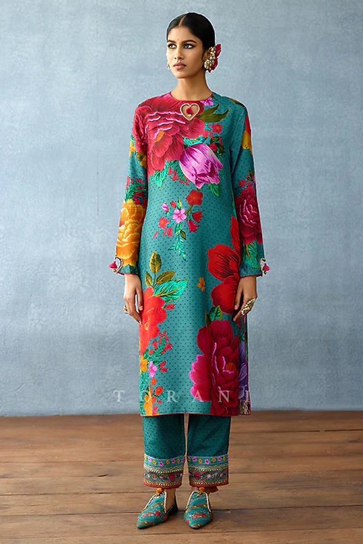 Aqua Blue Cotton Silk Printed & Embellished Kurta Set by TORANI at Pernia's Pop Up Shop