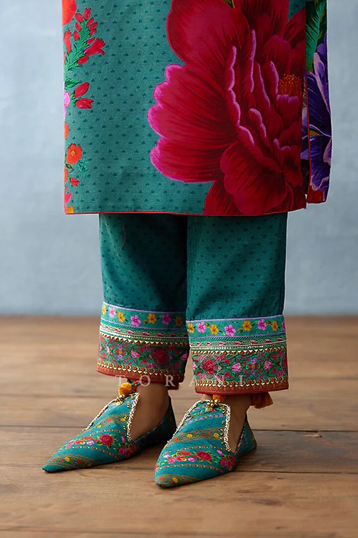 Aqua Blue Cotton Silk Printed & Embellished Kurta Set by TORANI at Pernia's Pop Up Shop