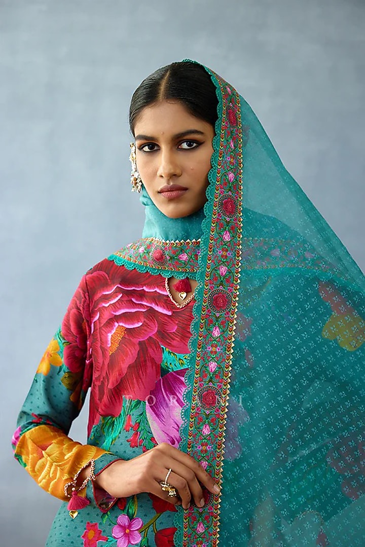 Aqua Blue Cotton Silk Printed & Embellished Kurta Set by TORANI at Pernia's Pop Up Shop