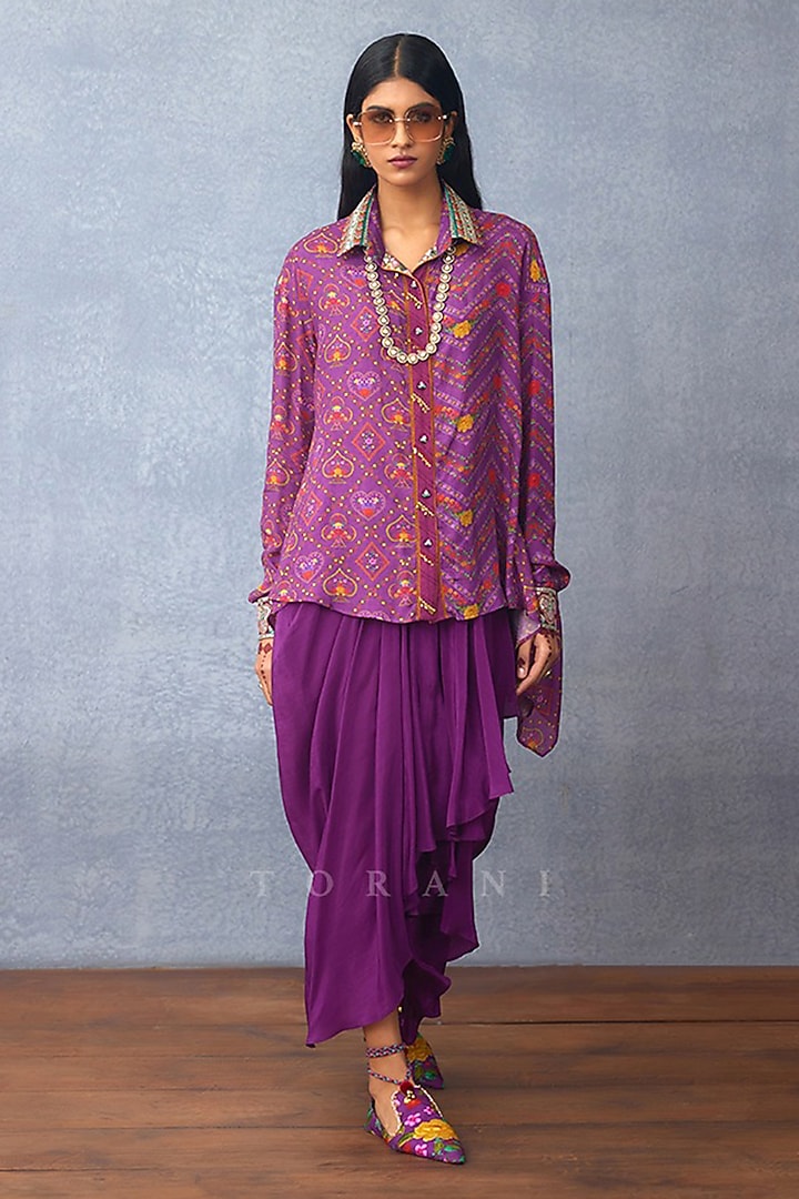 Purple Muslin Silk & Crepe Dhoti Set by TORANI at Pernia's Pop Up Shop