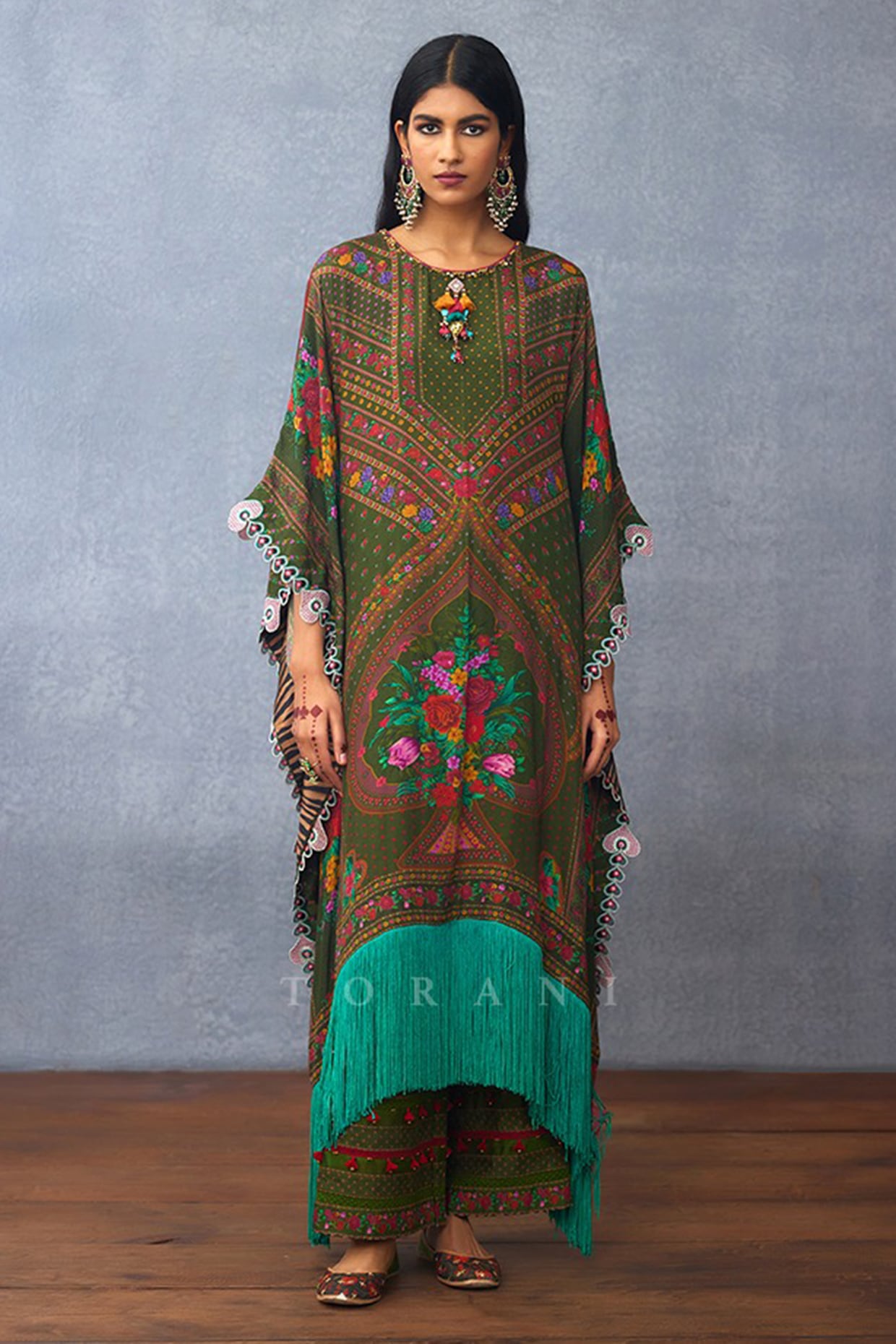 TORANI Green Chanderi Digital Printed Kaftan Set