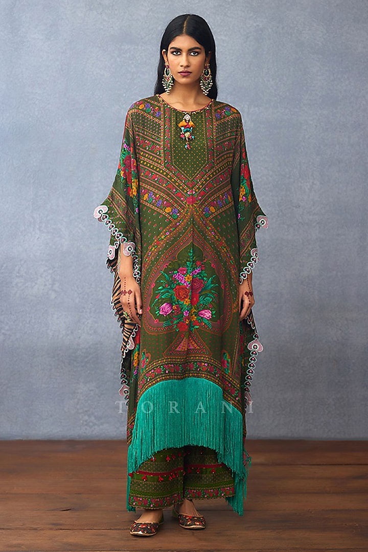 Green Chanderi Digital Printed Kaftan Set by TORANI at Pernia's Pop Up Shop