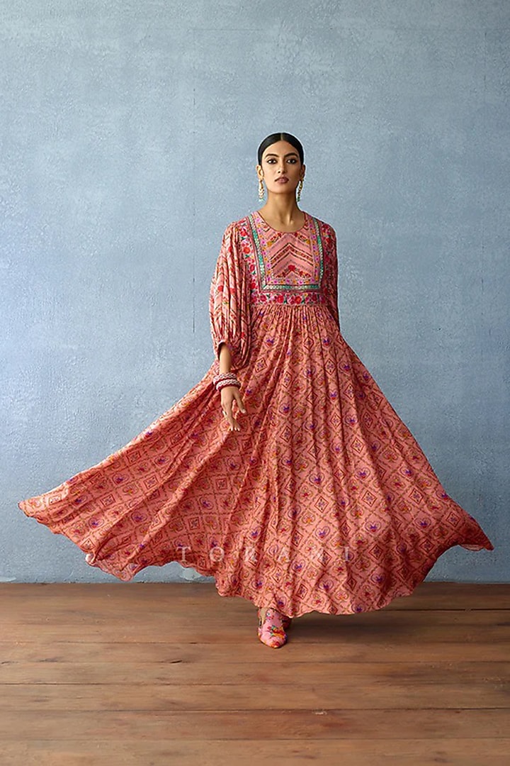 Pink Slub Silk Digital Printed Maxi Vacation Dress by TORANI at Pernia's Pop Up Shop