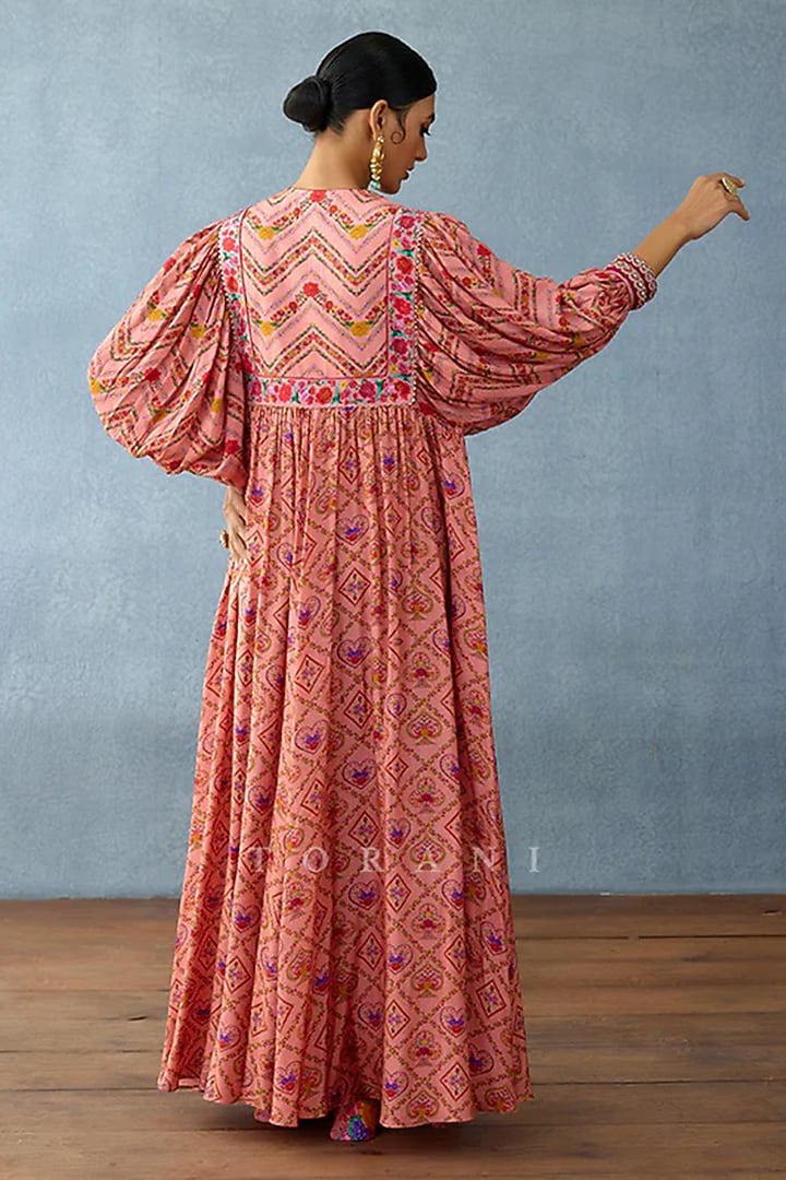 Pink Slub Silk Digital Printed Maxi Vacation Dress by TORANI at Pernia's Pop Up Shop