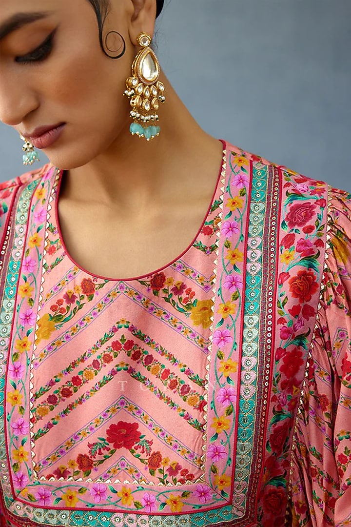 Pink Slub Silk Digital Printed Maxi Vacation Dress by TORANI at Pernia's Pop Up Shop