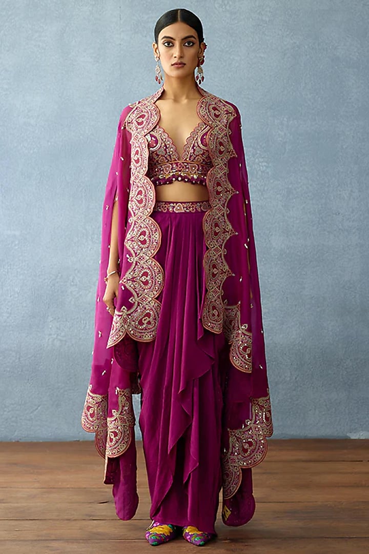 Purple Organza Embroidered Scalloped Cape Set by TORANI at Pernia's Pop Up Shop