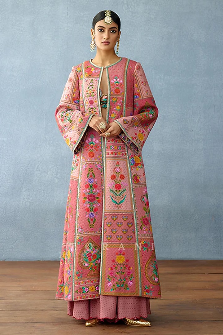Pink Cotton jacquard & Slub Silk Printed Jacket Set by TORANI at Pernia's Pop Up Shop