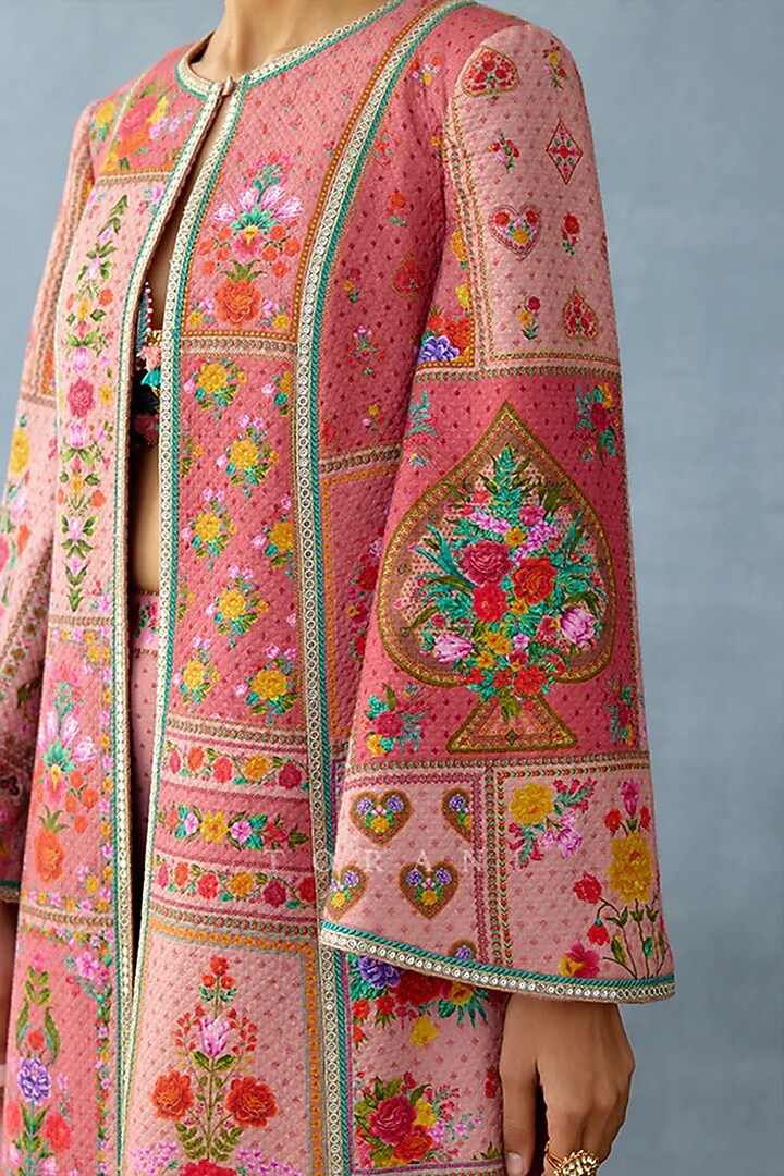 Pink Cotton jacquard & Slub Silk Printed Jacket Set by TORANI at Pernia's Pop Up Shop