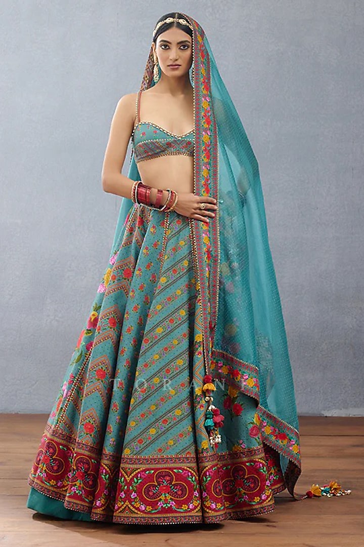Aqua Blue Organza & Jeni Silk Digital Printed Wedding Lehenga Set by TORANI at Pernia's Pop Up Shop