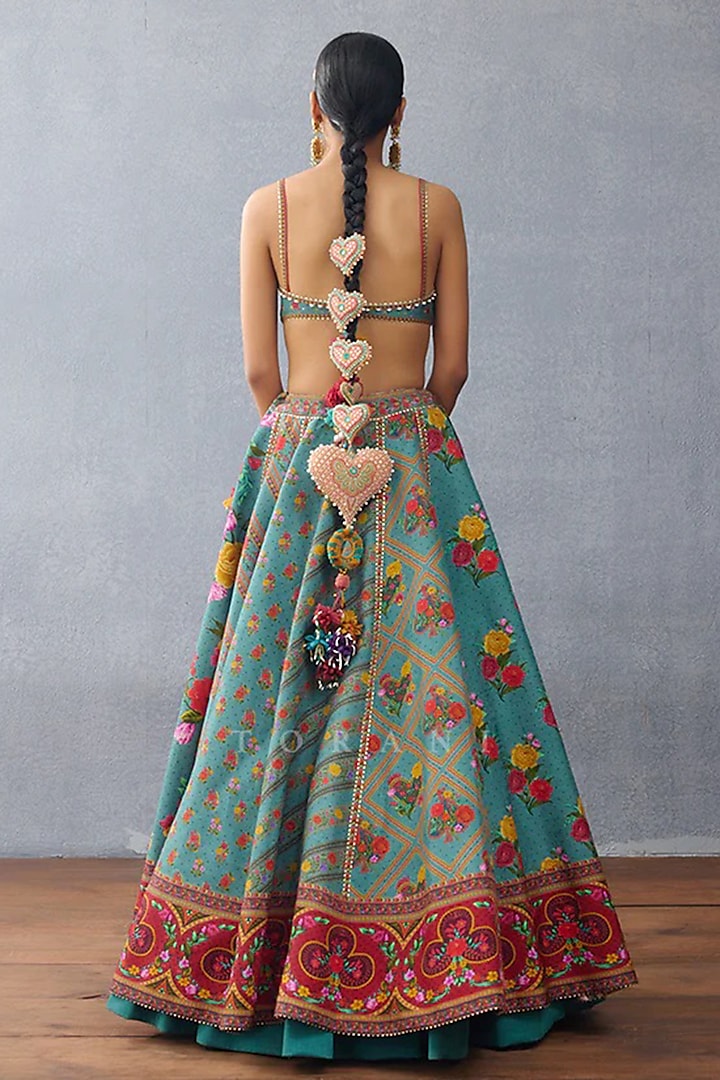 Aqua Blue Organza & Jeni Silk Digital Printed Wedding Lehenga Set by TORANI at Pernia's Pop Up Shop