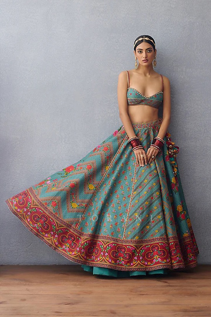 Aqua Blue Organza & Jeni Silk Digital Printed Wedding Lehenga Set by TORANI at Pernia's Pop Up Shop