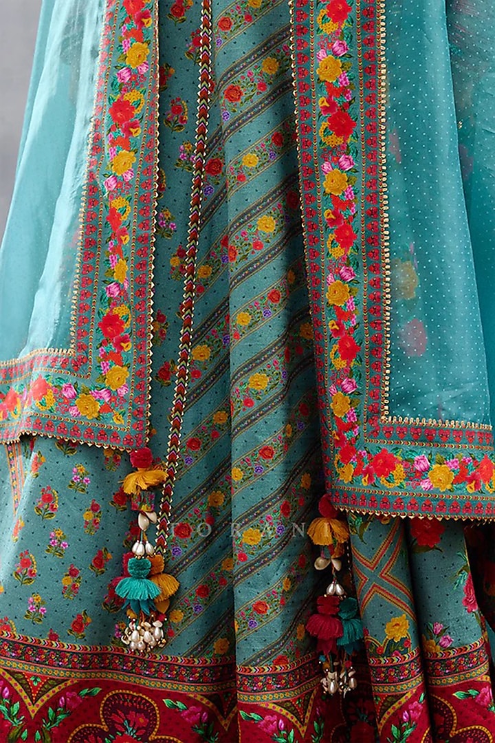 Aqua Blue Organza & Jeni Silk Digital Printed Wedding Lehenga Set by TORANI at Pernia's Pop Up Shop