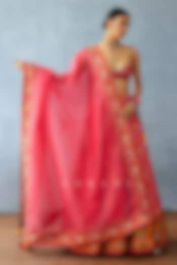 Pink Organza & Jeni Silk Printed Wedding Lehenga Set by TORANI at Pernia's Pop Up Shop