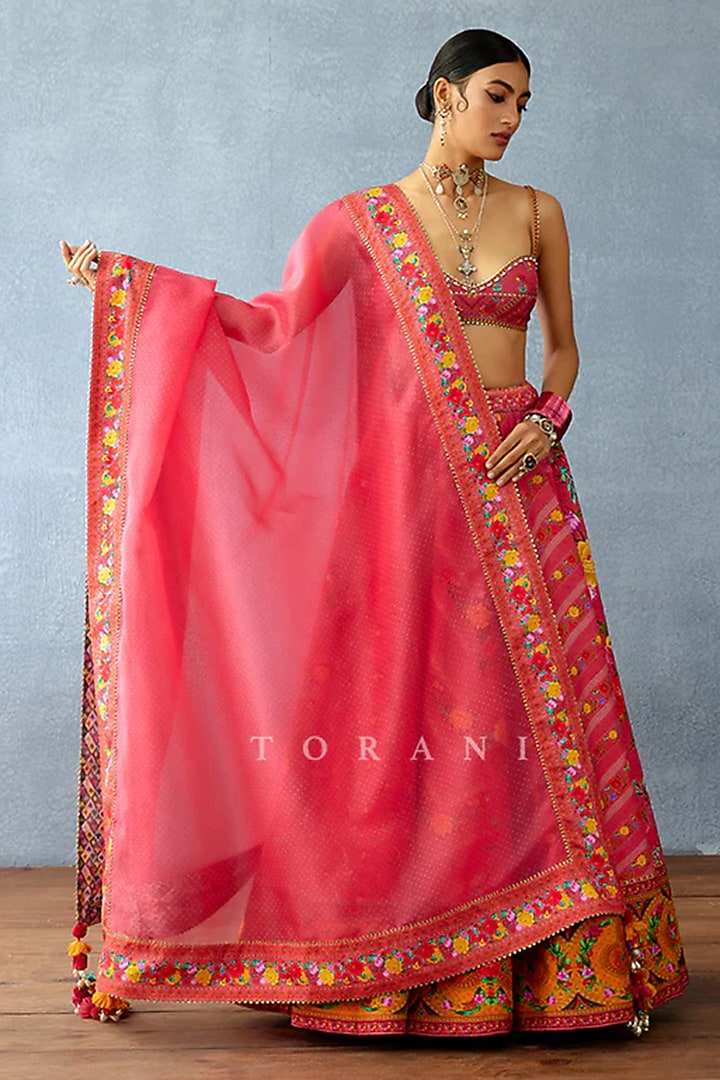 Pink Organza & Jeni Silk Printed Wedding Lehenga Set by TORANI at Pernia's Pop Up Shop