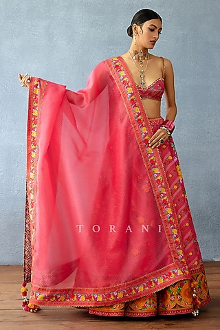 Pink Organza & Jeni Silk Printed Lehenga Set by TORANI