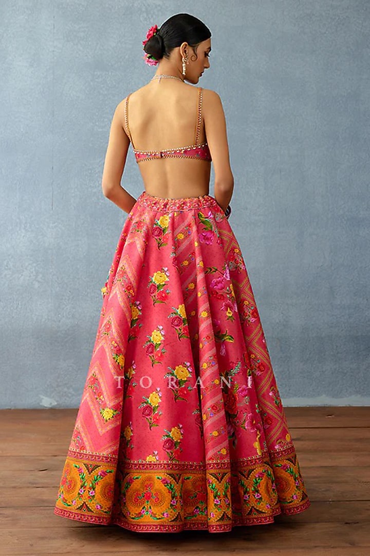 Pink Organza & Jeni Silk Printed Wedding Lehenga Set by TORANI at Pernia's Pop Up Shop