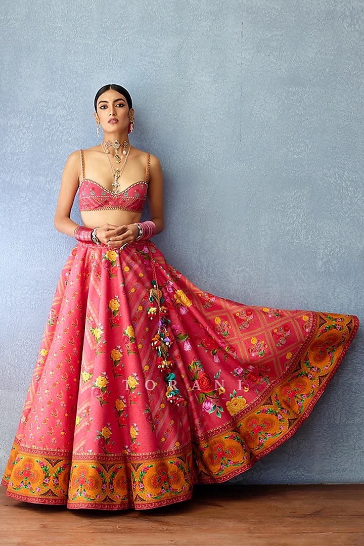 Pink Organza & Jeni Silk Printed Wedding Lehenga Set by TORANI at Pernia's Pop Up Shop