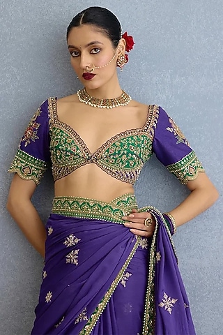 Purple & Green Jeni Silk Dabka Embroidered Blouse by Torani