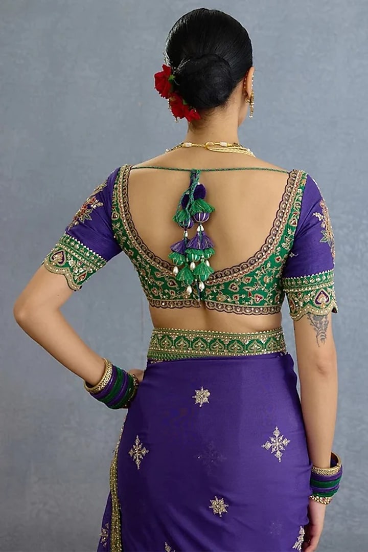 Purple & Green Jeni Silk Dabka Embroidered Blouse by Torani at Pernia's Pop Up Shop