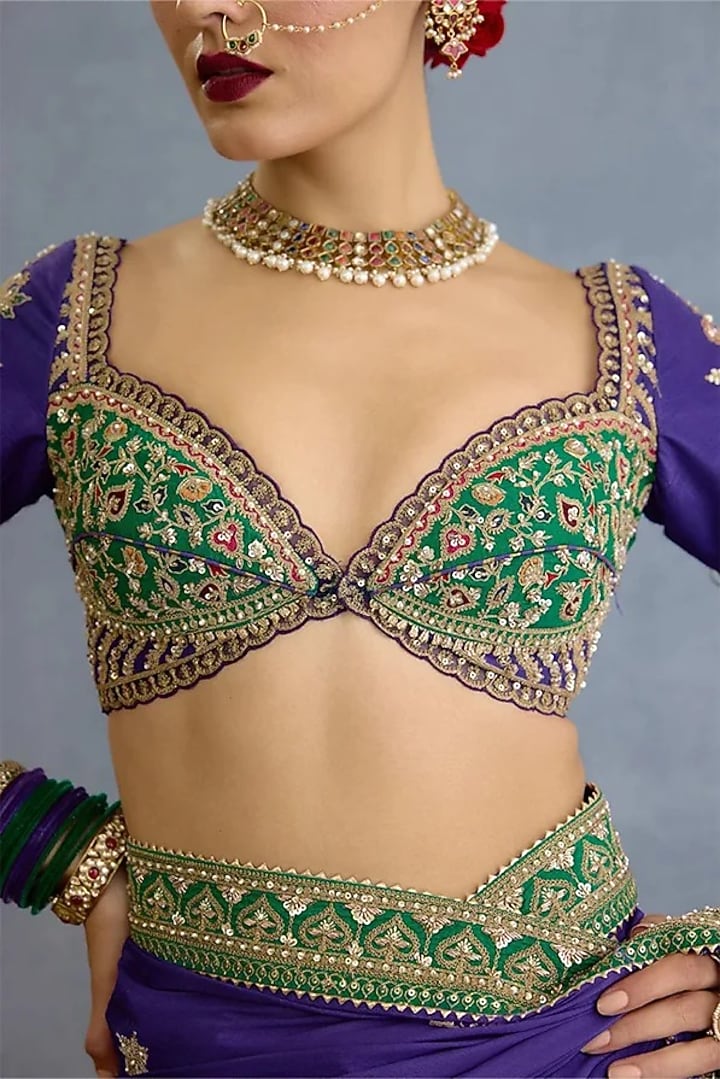 Purple & Green Jeni Silk Dabka Embroidered Blouse by Torani at Pernia's Pop Up Shop
