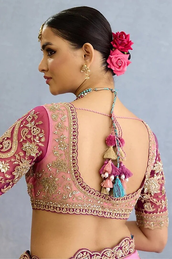 Pink Butterfly Net Cutdana & Pearl Embroidered Blouse by Torani at Pernia's Pop Up Shop