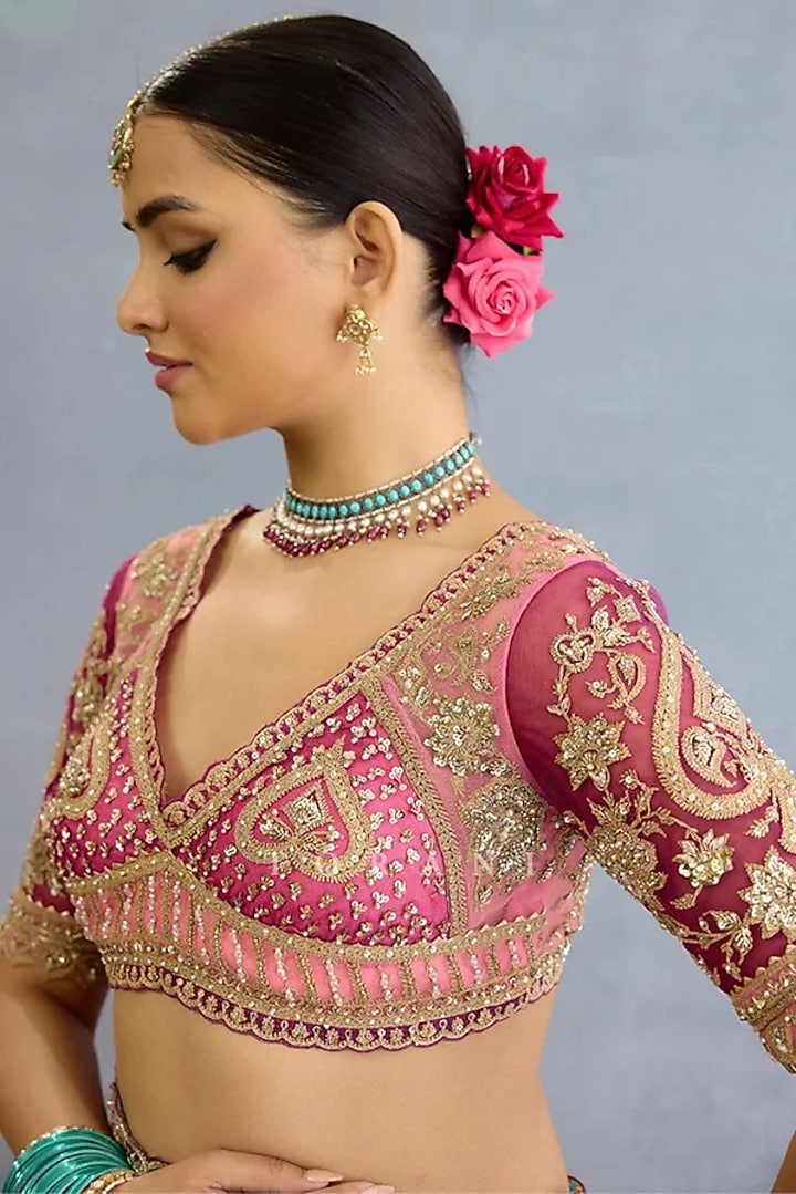 Pink Butterfly Net Cutdana & Pearl Embroidered Blouse by Torani at Pernia's Pop Up Shop