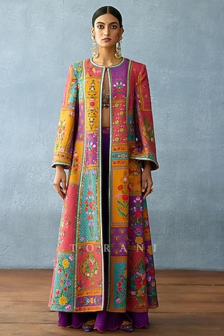 Multi-Colored Cotton Jacquard Digital Printed Jacket Set by TORANI