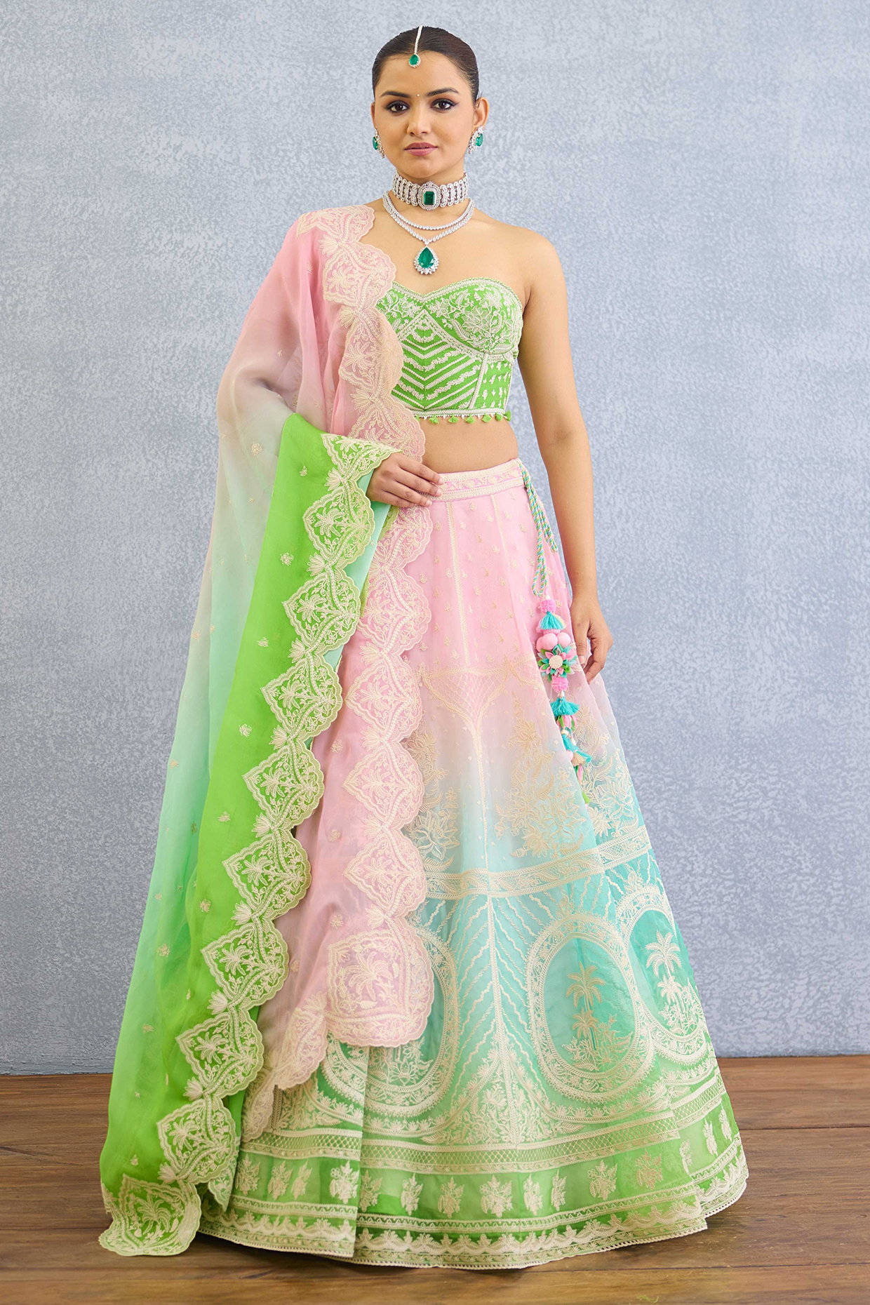 Multi-Colored Ombre Jeni Silk Motif Embroidered Bridal Lehenga Set by TORANI at Pernia's Pop Up Shop