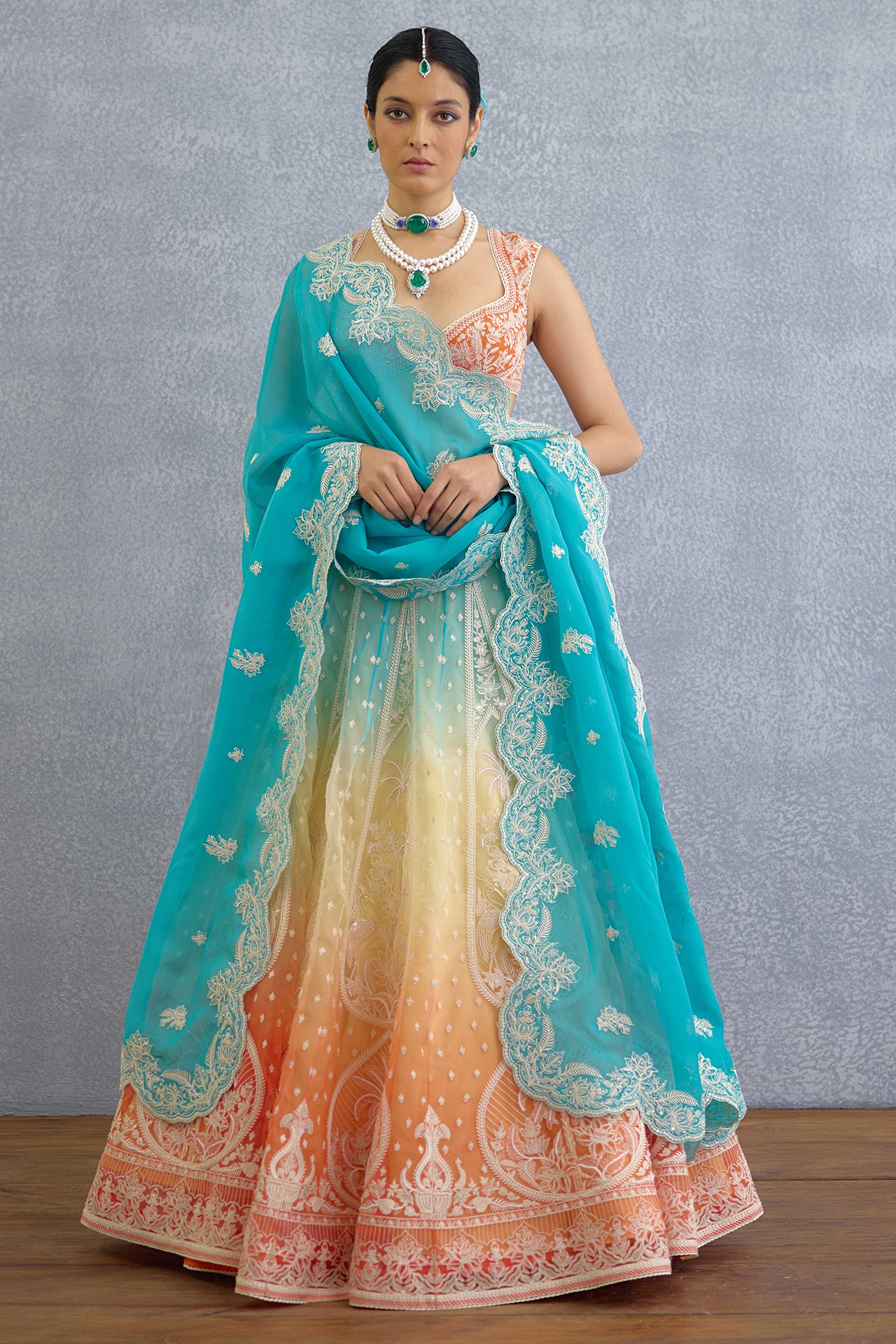 Multi-Colored Ombre Jeni Silk Motif Embroidered Bridal Lehenga Set by TORANI at Pernia's Pop Up Shop