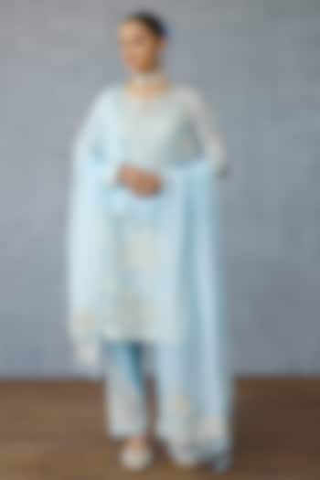 Blue Silk Crepe Organza Digital Printed Kurta Set by TORANI at Pernia's Pop Up Shop