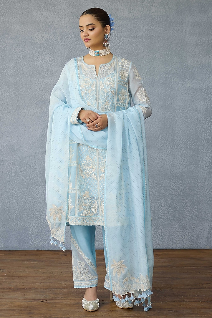 Blue Silk Crepe Organza Digital Printed Kurta Set by TORANI at Pernia's Pop Up Shop