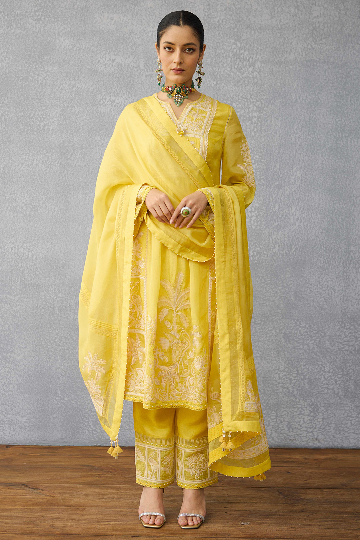 Yellow Silk Crepe Organza Dori Hand Embroidered Kurta Set by TORANI at Pernia's Pop Up Shop