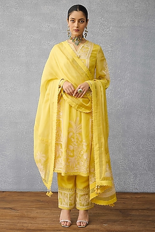 Yellow Silk Crepe Organza Dori Hand Embroidered Kurta Set by TORANI