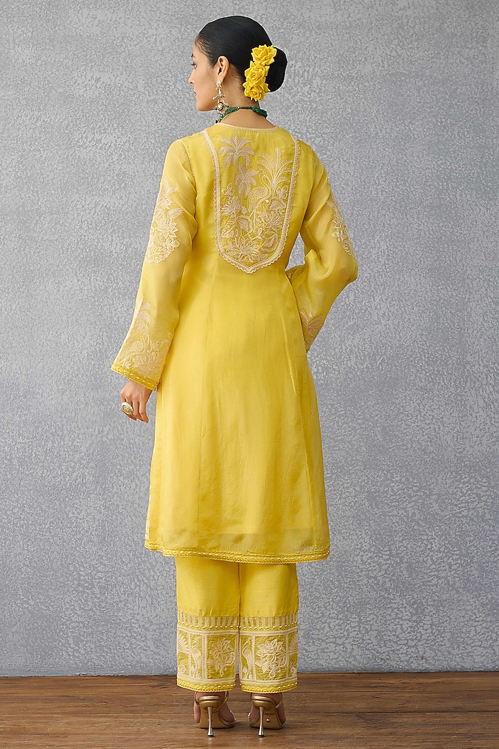 Yellow Silk Crepe Organza Dori Hand Embroidered Kurta Set by TORANI at Pernia's Pop Up Shop