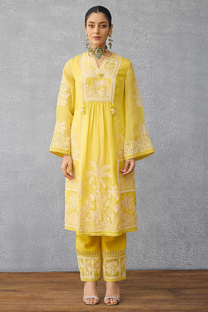 Yellow Silk Crepe Organza Dori Hand Embroidered Kurta Set by TORANI at Pernia's Pop Up Shop
