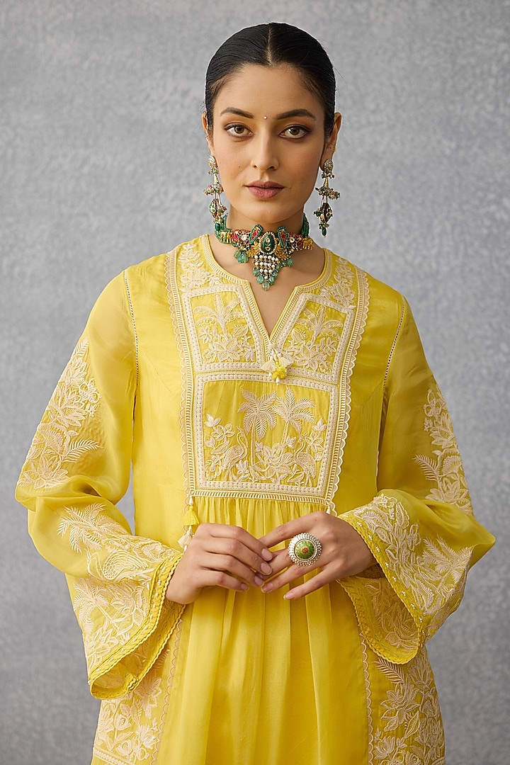 Yellow Silk Crepe Organza Dori Hand Embroidered Kurta Set by TORANI at Pernia's Pop Up Shop
