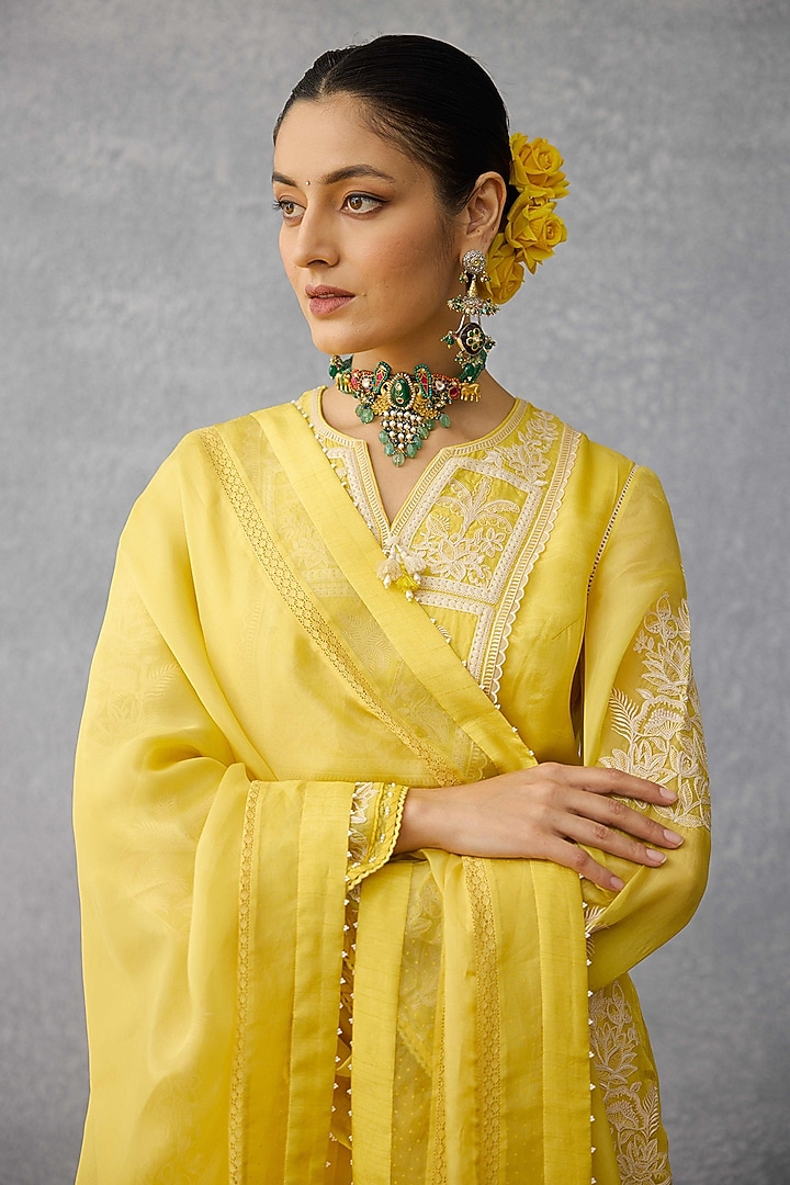 Yellow Silk Crepe Organza Dori Hand Embroidered Kurta Set by TORANI at Pernia's Pop Up Shop