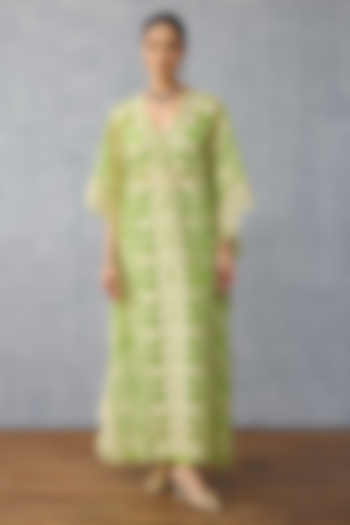 Green Organza Hand Embroidered Kaftan Set by TORANI at Pernia's Pop Up Shop