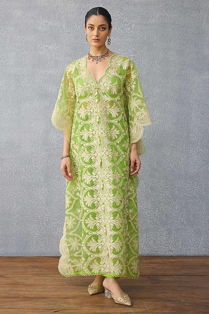 Green Organza Hand Embroidered Kaftan Set by TORANI at Pernia's Pop Up Shop