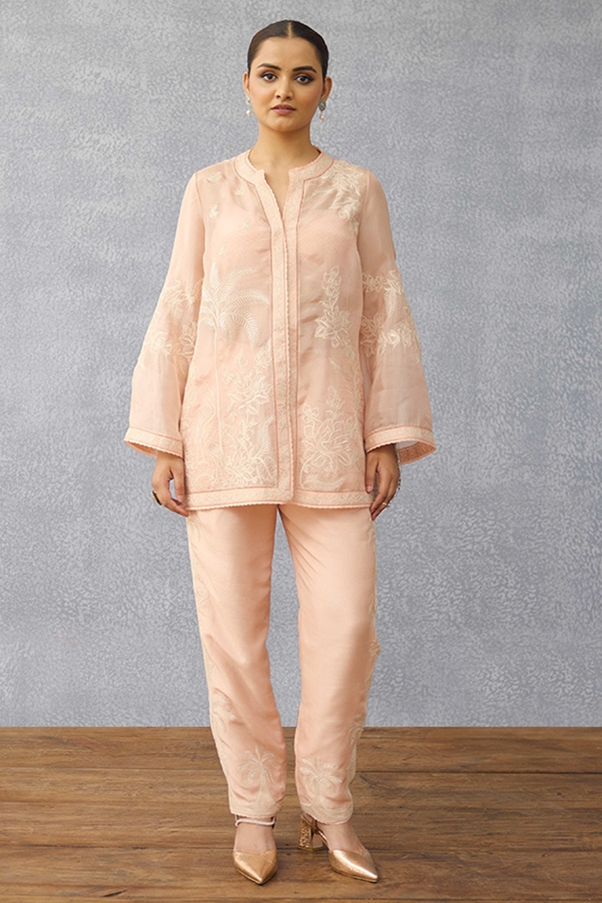 Peach Linen Dori Hand Embroidered Jacket Set by TORANI at Pernia's Pop Up Shop
