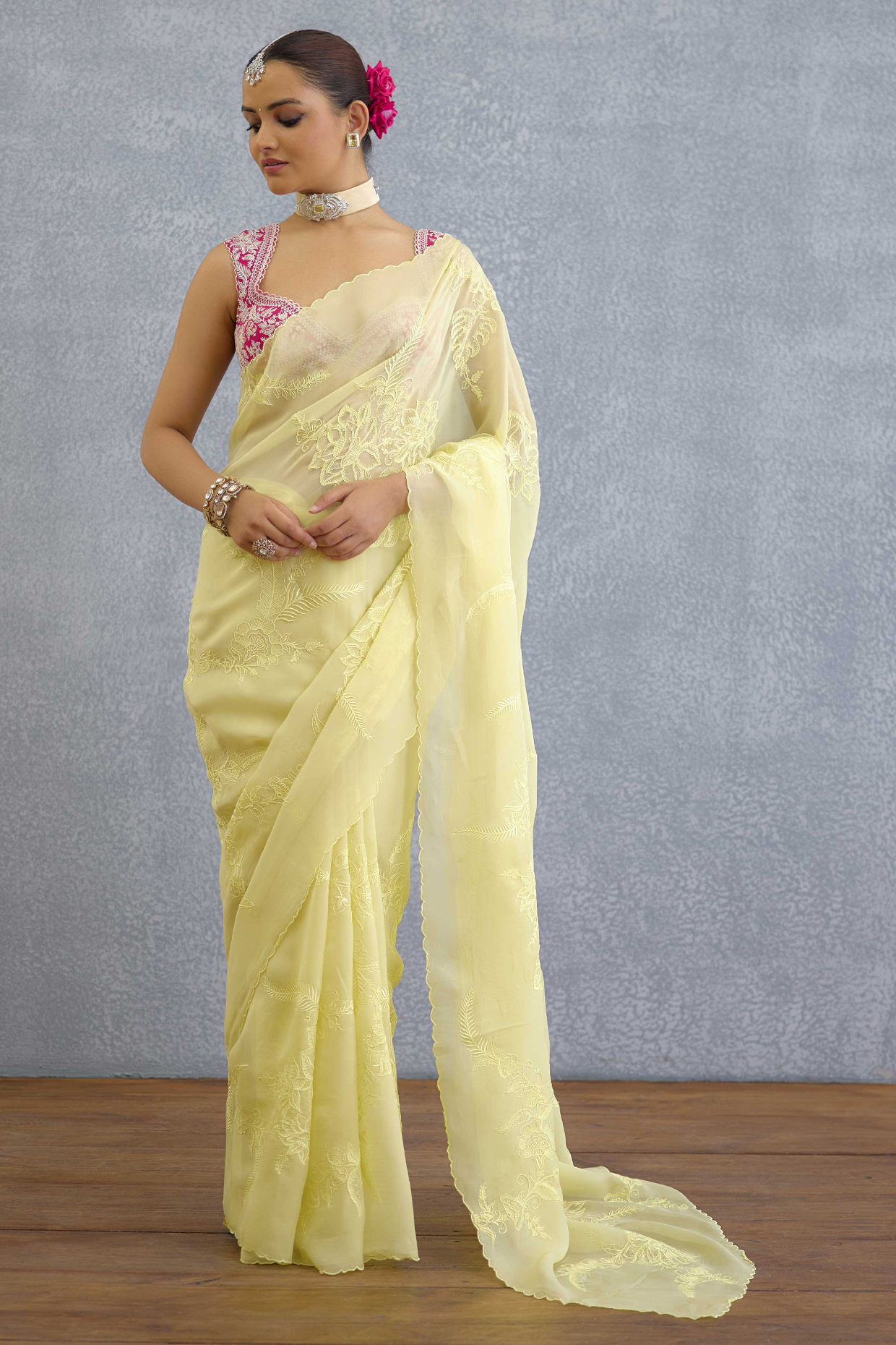 Lime Pure Organza Tropical Motif Embroidered Saree by TORANI at Pernia's Pop Up Shop