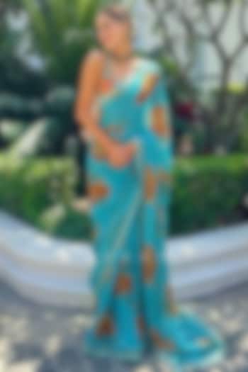 Aqua Blue Organza Digital Printed & Embroidered Wedding Saree by TORANI at Pernia's Pop Up Shop