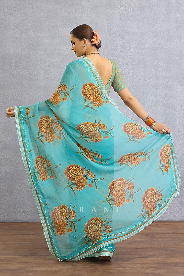 Aqua Blue Organza Digital Printed & Embroidered Wedding Saree by TORANI at Pernia's Pop Up Shop